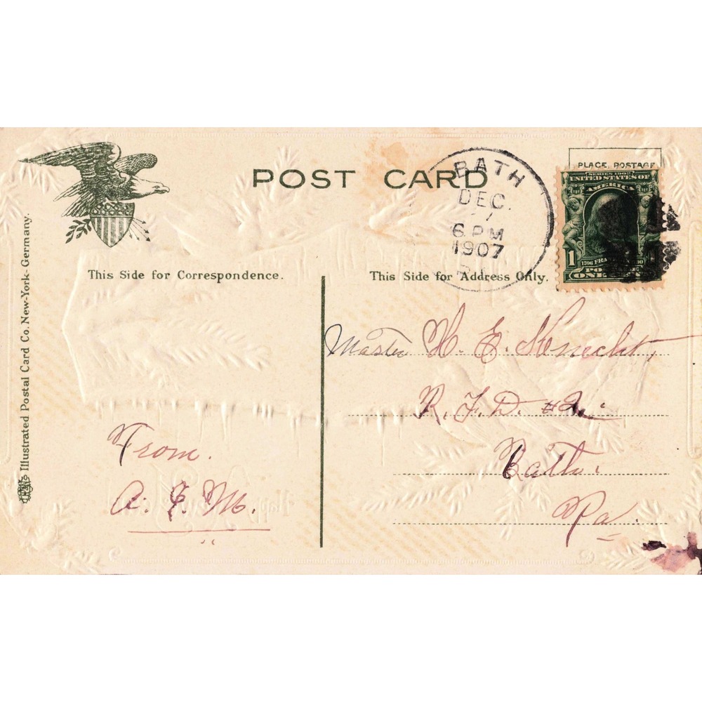 New Year Postcard Robins Birds Winter Icicles Pine Moon 1907 Embossed Antique - Picture 2 of 2